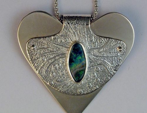 heart necklace, etched sterling silver, boulder opal